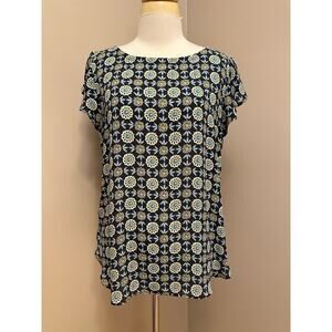 Loft Blue Yellow Floral Top Flutter Sleeve Sz Medium